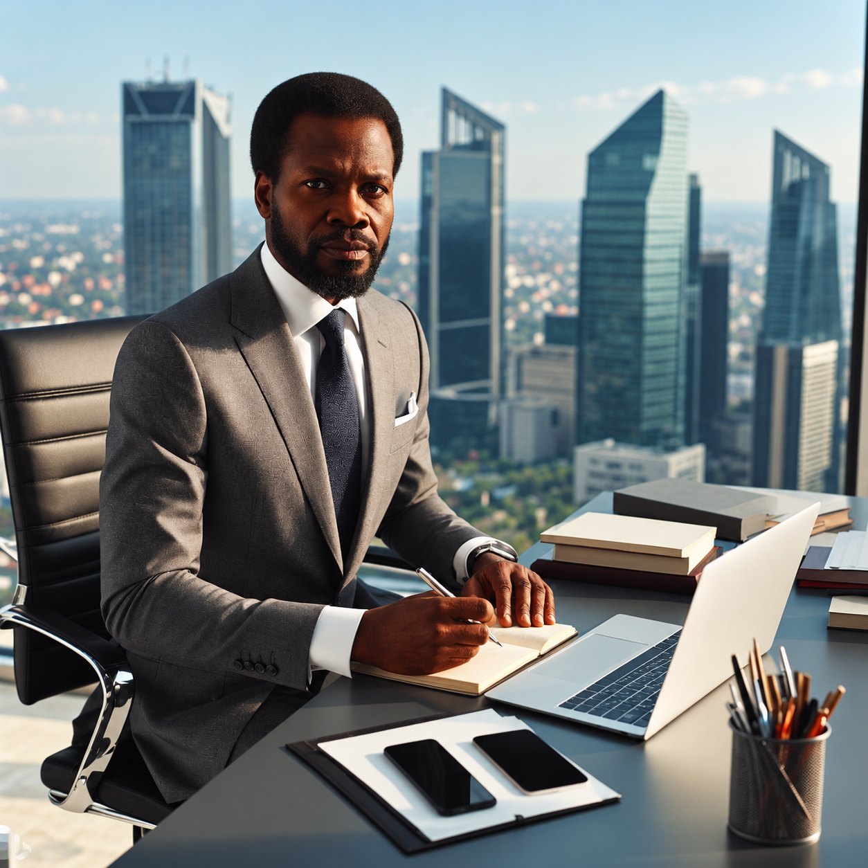 Professional reviewing corporate plans at a desk