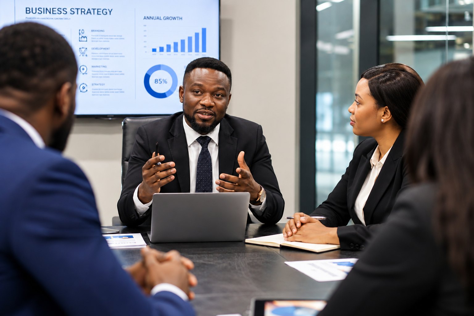 Professionals discussing a business strategy presentation