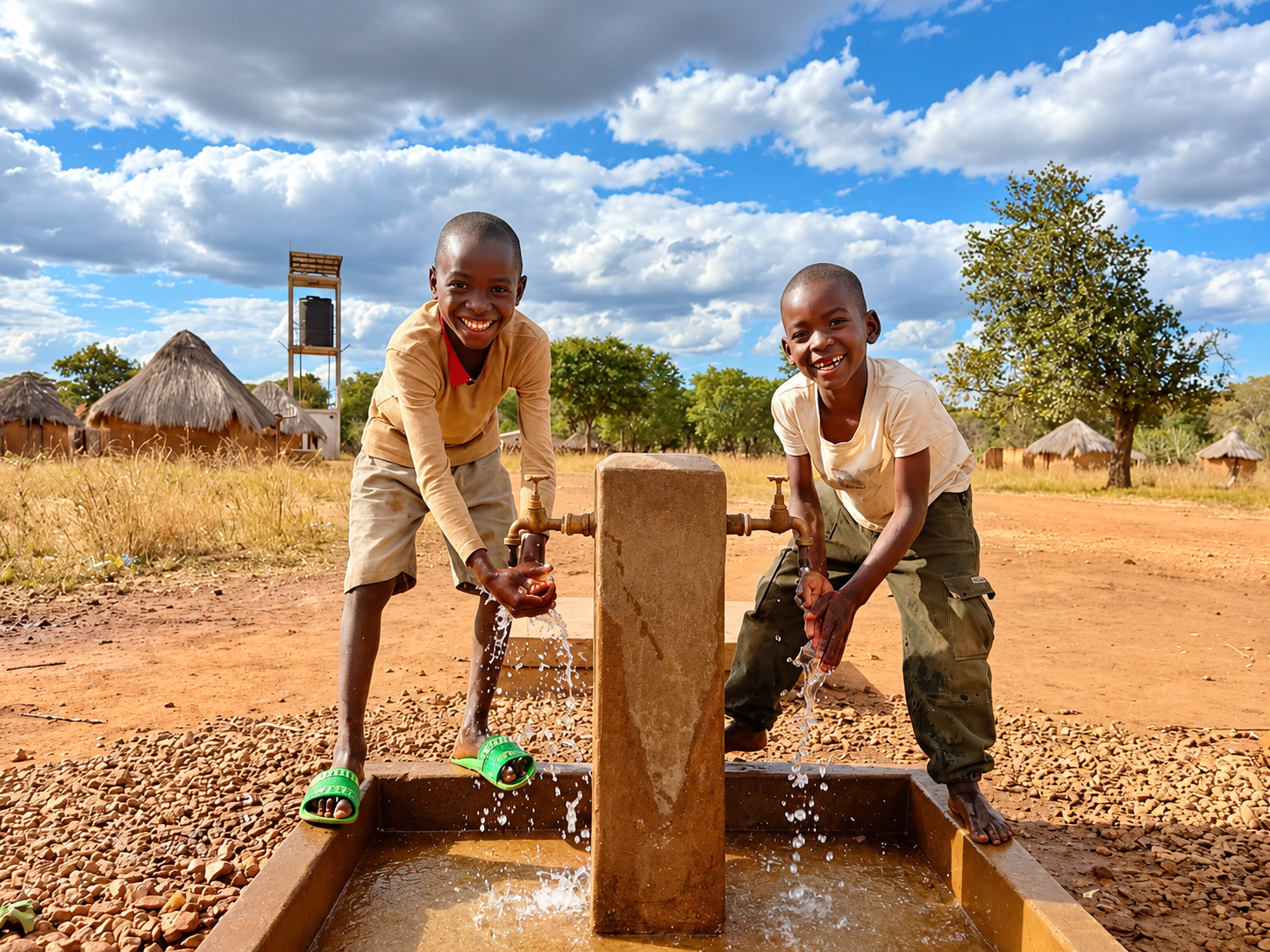Children using a village water tap