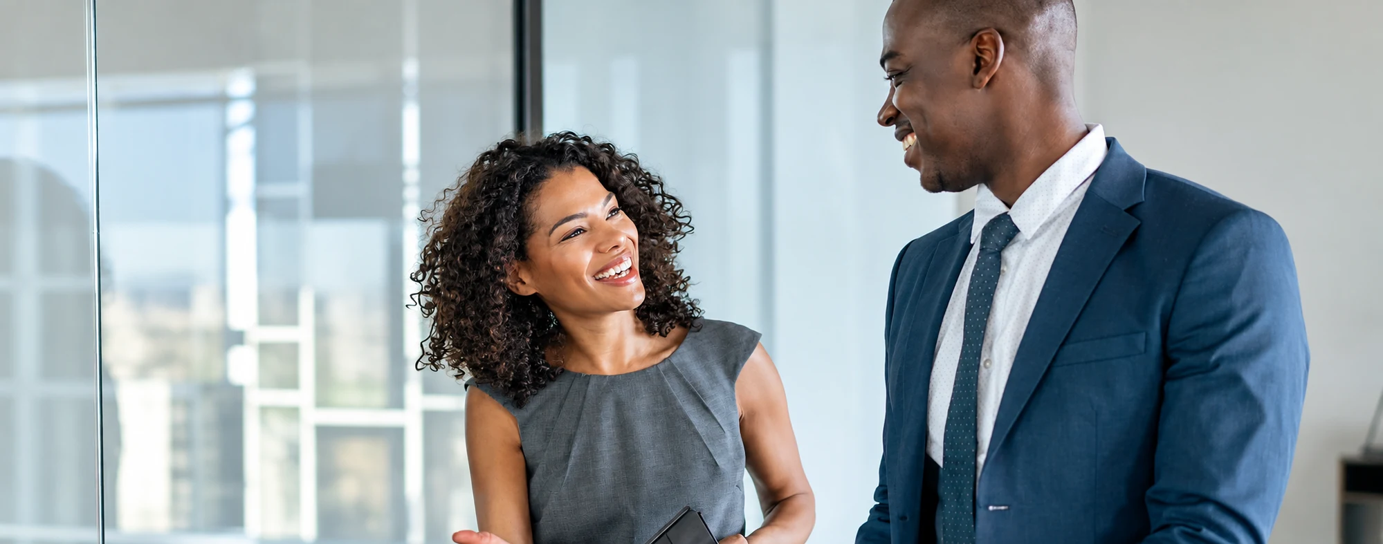 Two professionals speaking in an office