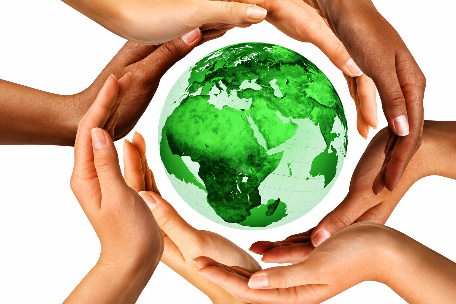 Hands encircling a green globe centered on Africa